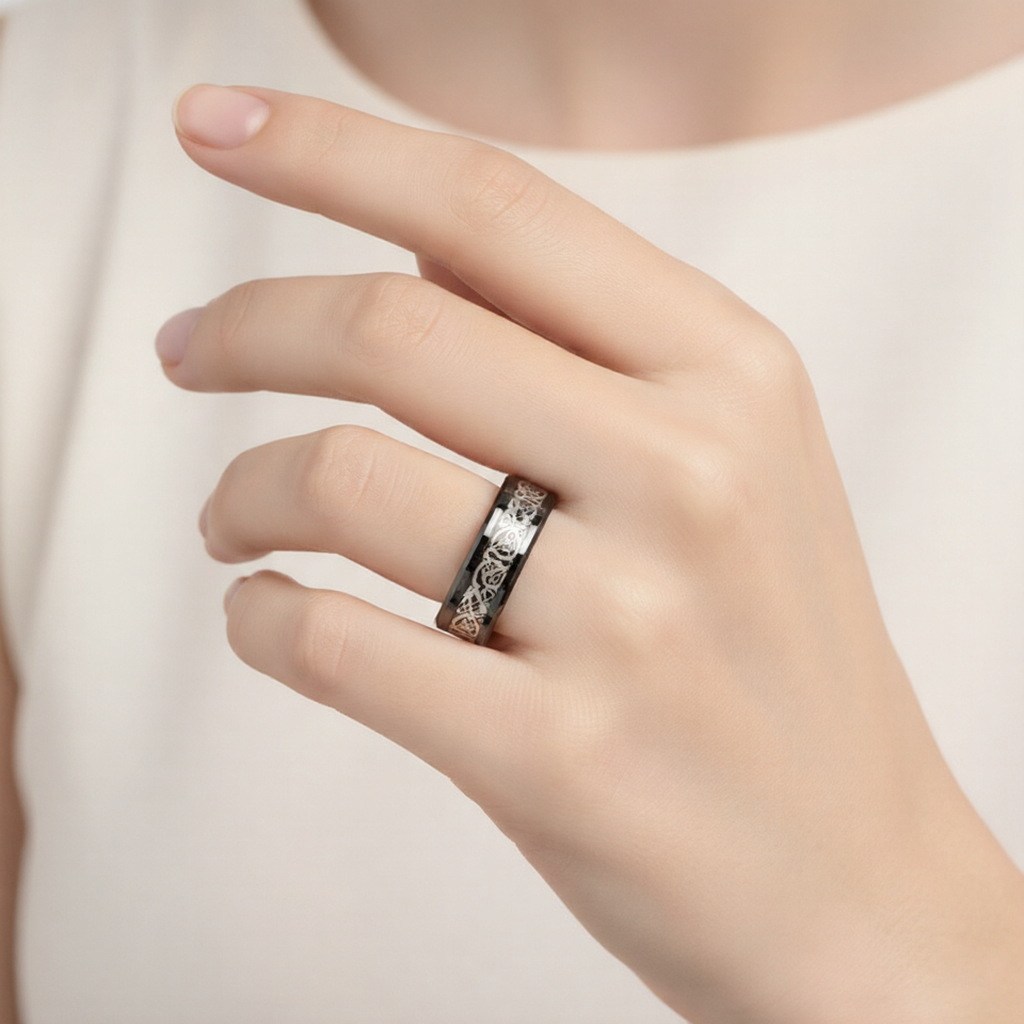 Black and Silver Dragon Print Ring