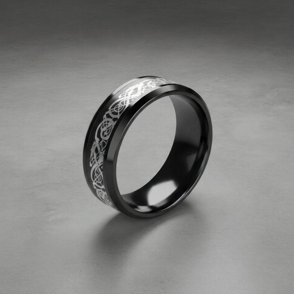 Black and Silver Dragon Print Ring