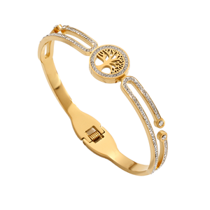 Hot Selling Not Fade 18K Gold Plated Stainless Steel Jewelry Zirconia Life Tree Cuff Bracelets Waterproof Bangles for Gift