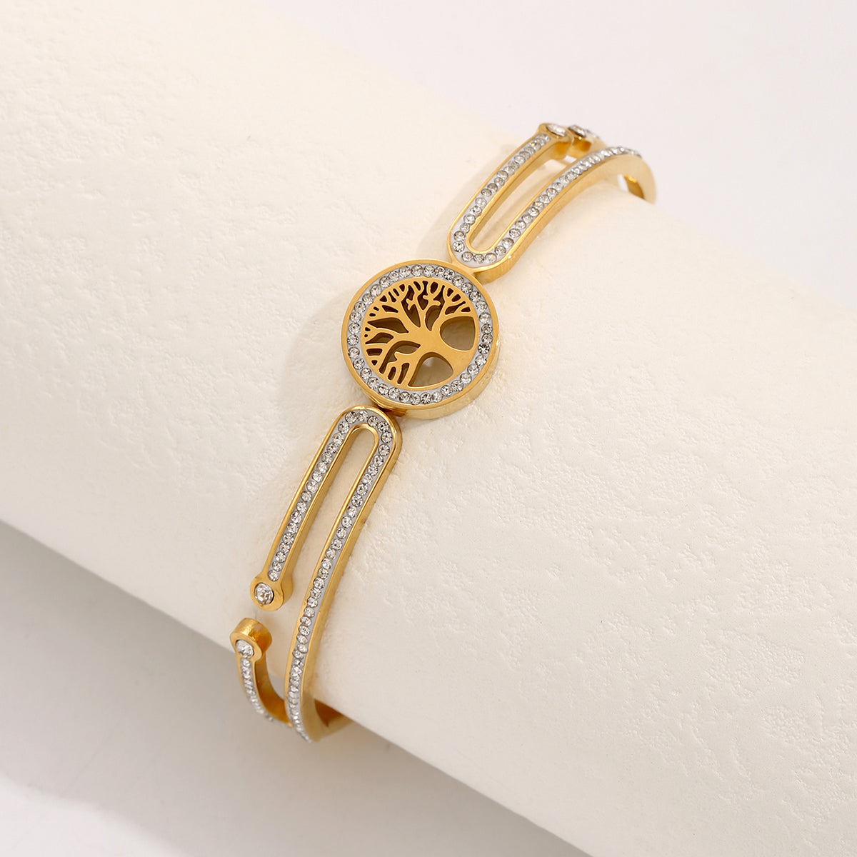 Hot Selling Not Fade 18K Gold Plated Stainless Steel Jewelry Zirconia Life Tree Cuff Bracelets Waterproof Bangles for Gift