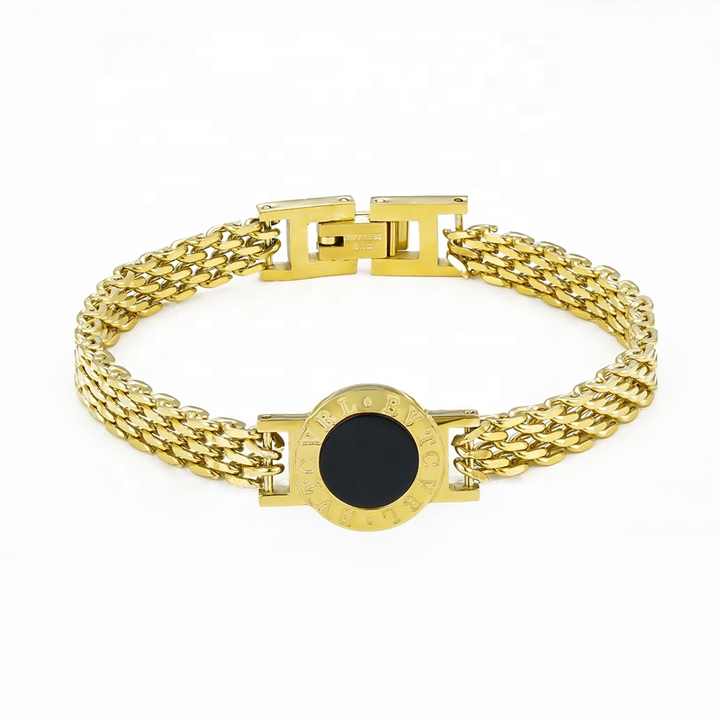 Wholesale Custom Fashion Jewelry 18K Gold Plated Stainless Steel Watches Chain Round Roman Numeral Disk Charm Bracelet for Women