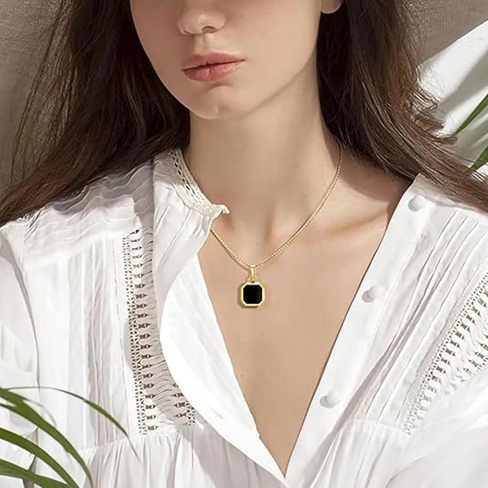 Men's Stainless Steel Pendant Necklace Gold Plating Square Resin Oil Drop Long Link Layering for Sweaters Available Silver Gold