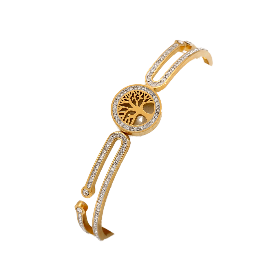 Hot Selling Not Fade 18K Gold Plated Stainless Steel Jewelry Zirconia Life Tree Cuff Bracelets Waterproof Bangles for Gift