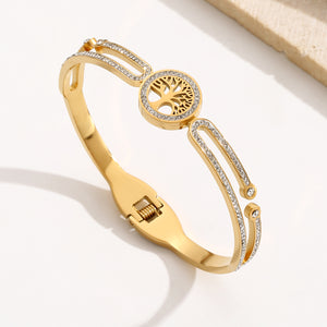 Hot Selling Not Fade 18K Gold Plated Stainless Steel Jewelry Zirconia Life Tree Cuff Bracelets Waterproof Bangles for Gift