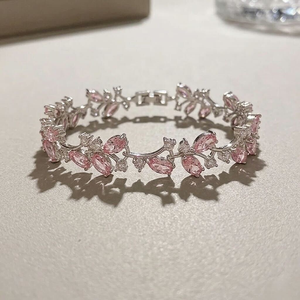 Melaurica Silver Pink Zircon Teardrop Leaf Bracelet