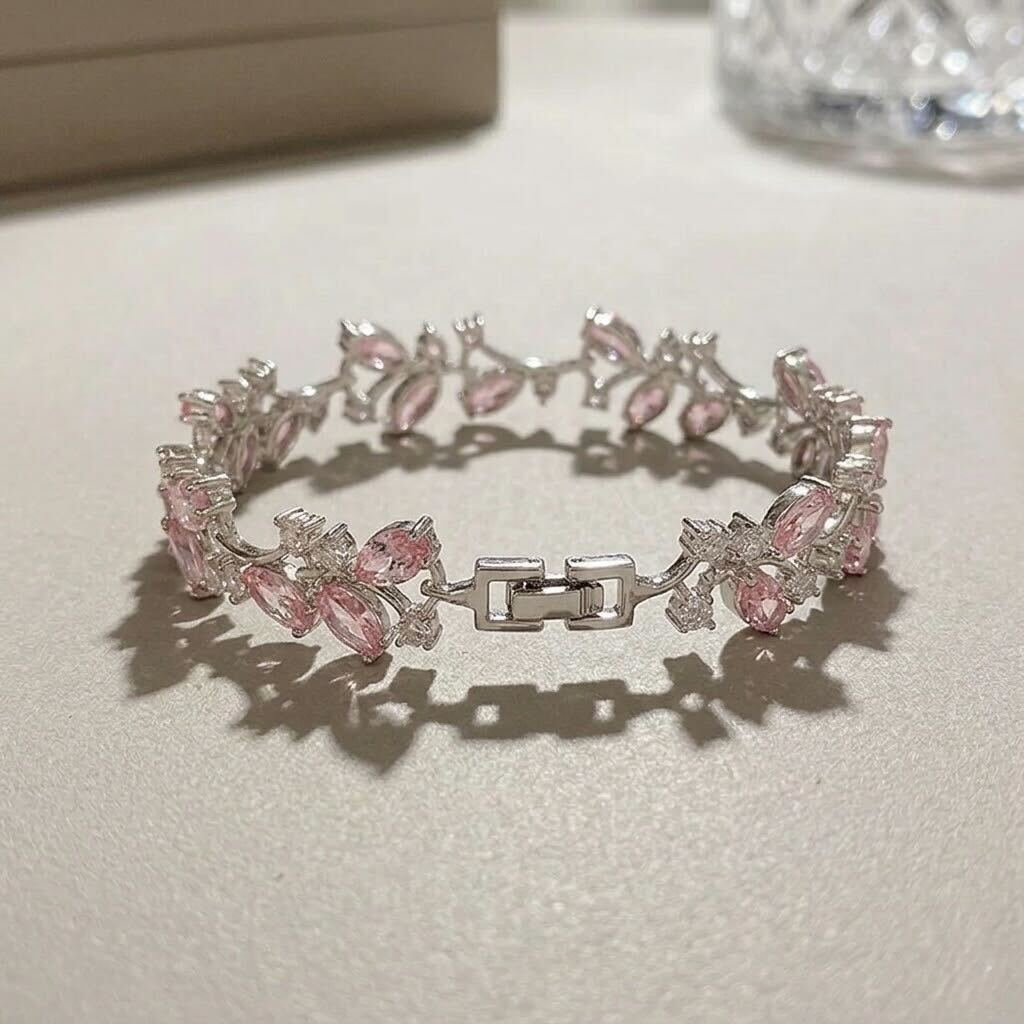 Melaurica Silver Pink Zircon Teardrop Leaf Bracelet