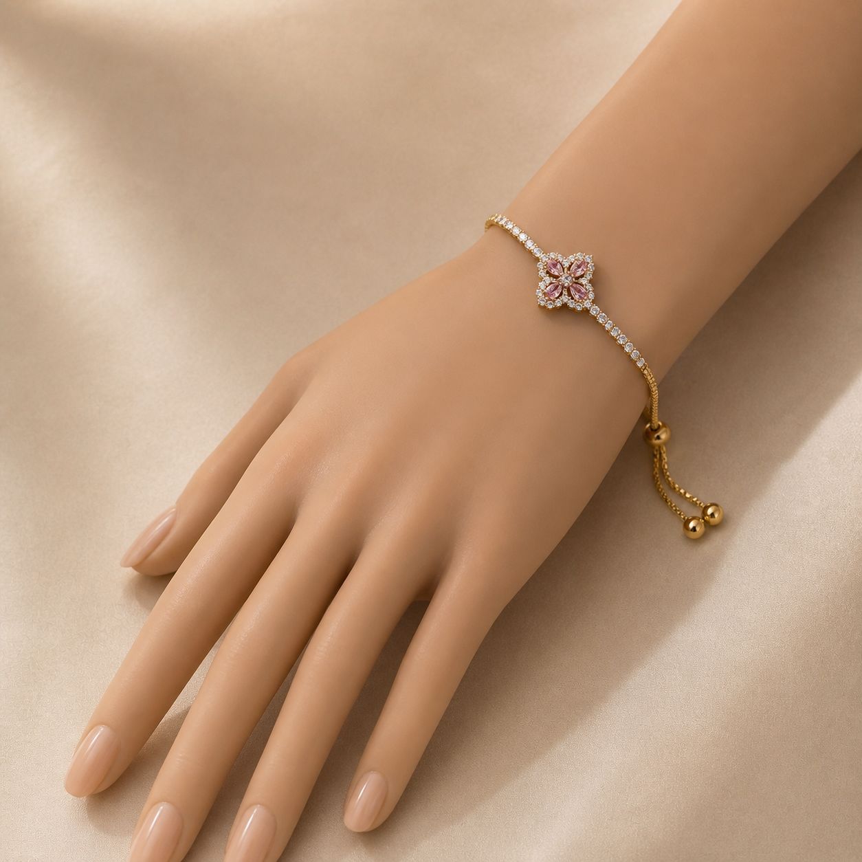 Melaurica Gold-Tone Pink Flower Bracelet