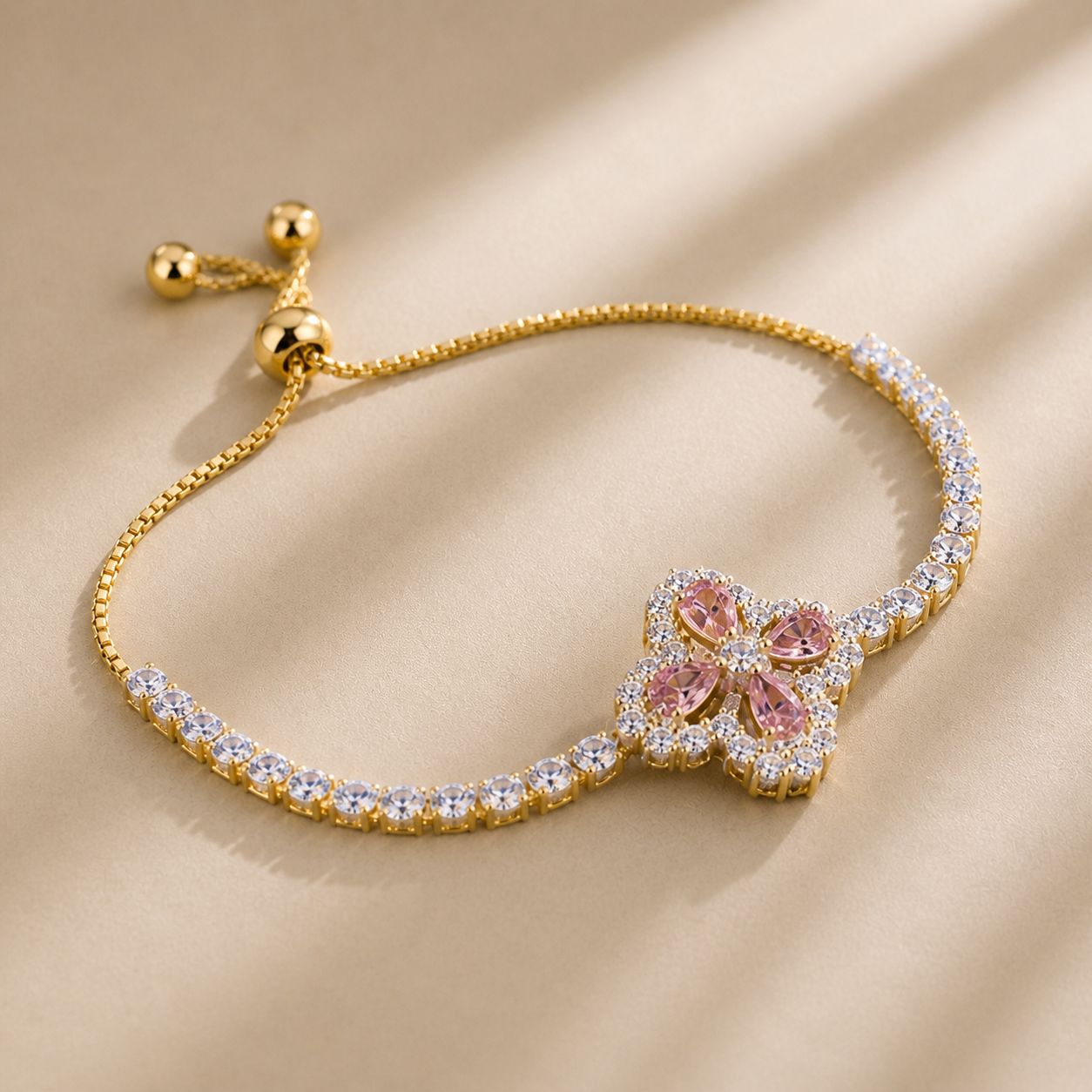 Melaurica Gold-Tone Pink Flower Bracelet