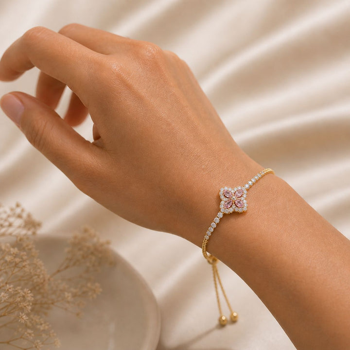 Melaurica Gold-Tone Pink Flower Bracelet