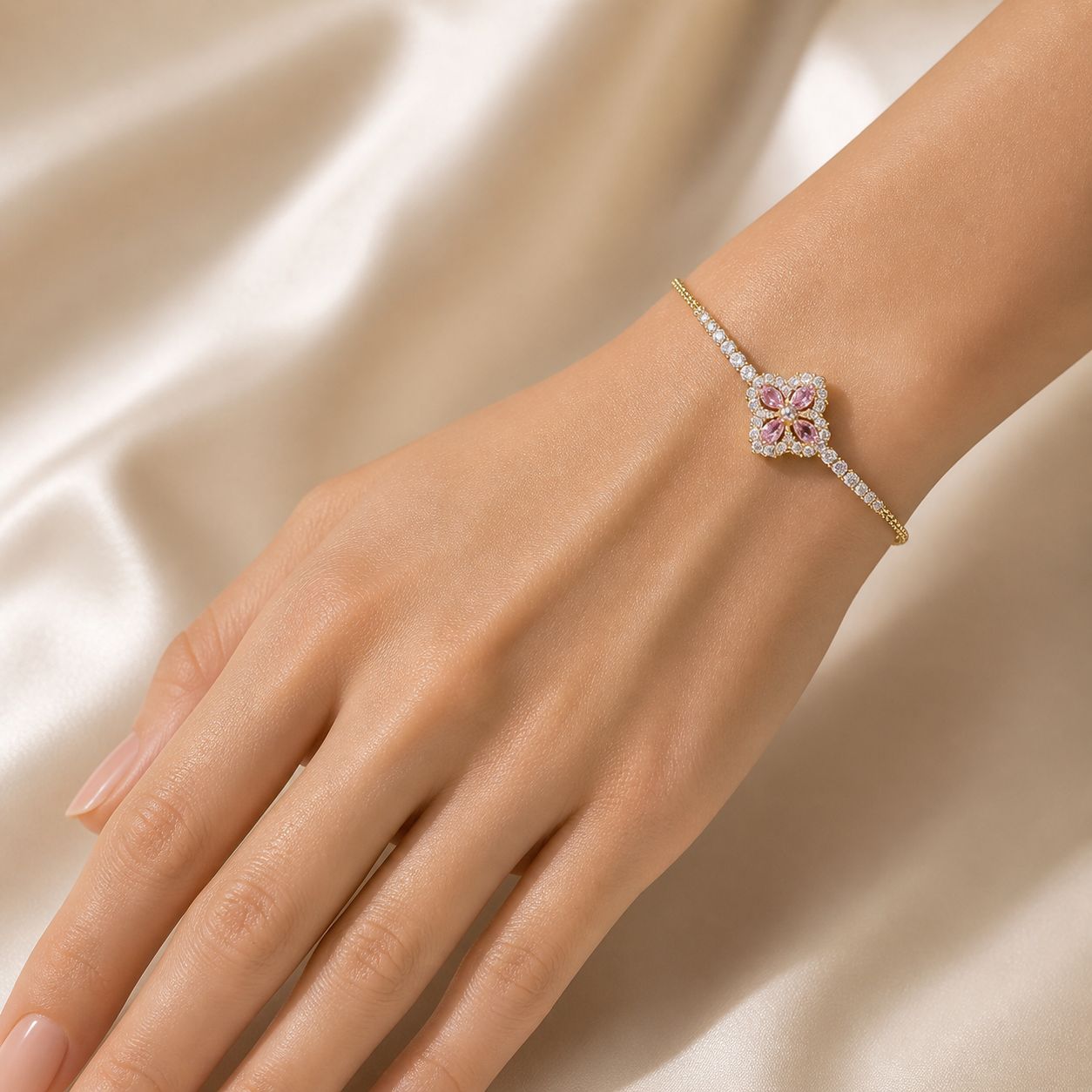 Melaurica Gold-Tone Pink Flower Bracelet